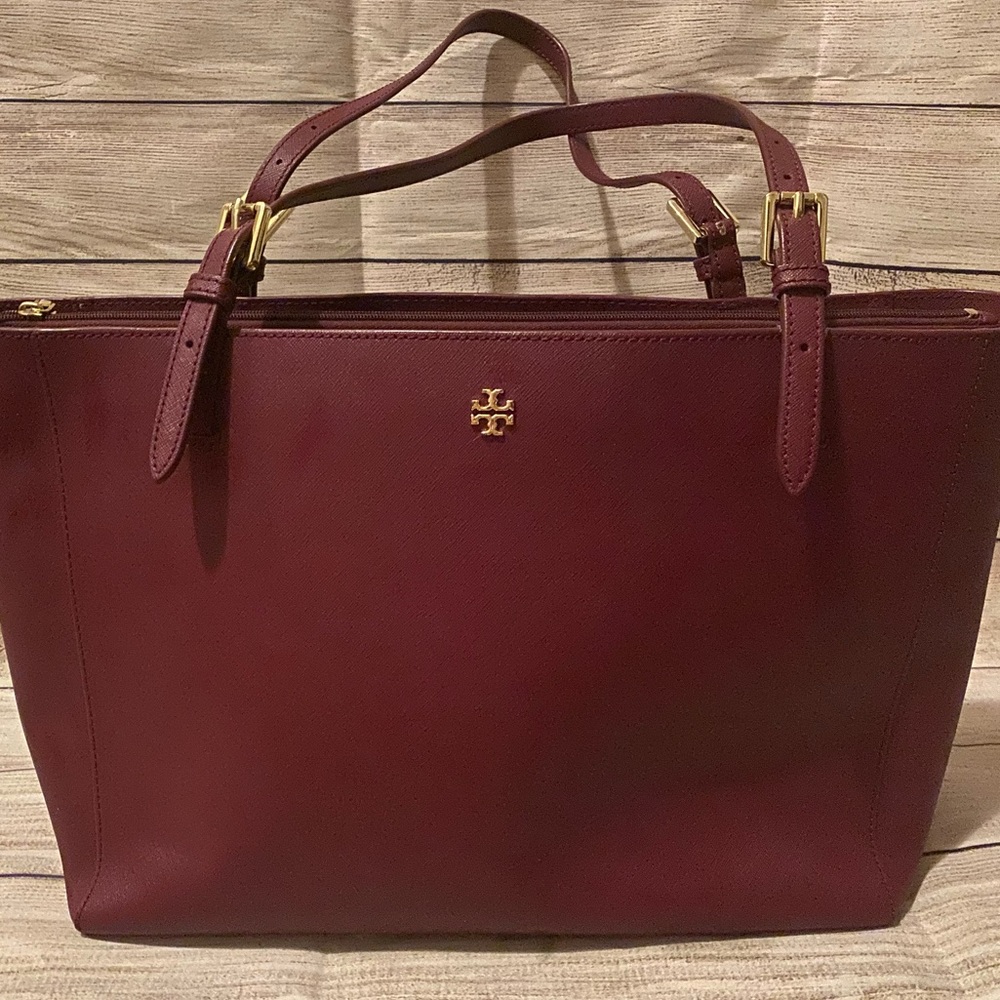 TORY BURCH Maroon Saffiano Leather Tote